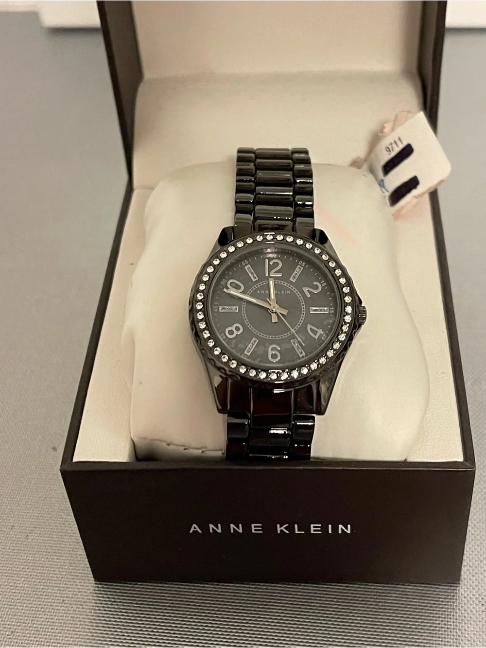 Anne Klein Women’s Black Dial Black-Trim Band Watch AK/1899 New w/Box & Manual